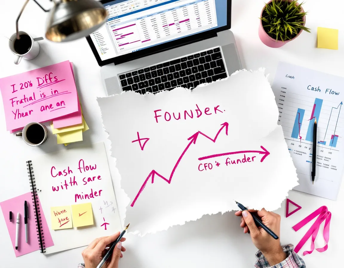 A founder's desk collaged with a live financial model, a printed cash-flow chart and hand-drawn annotations