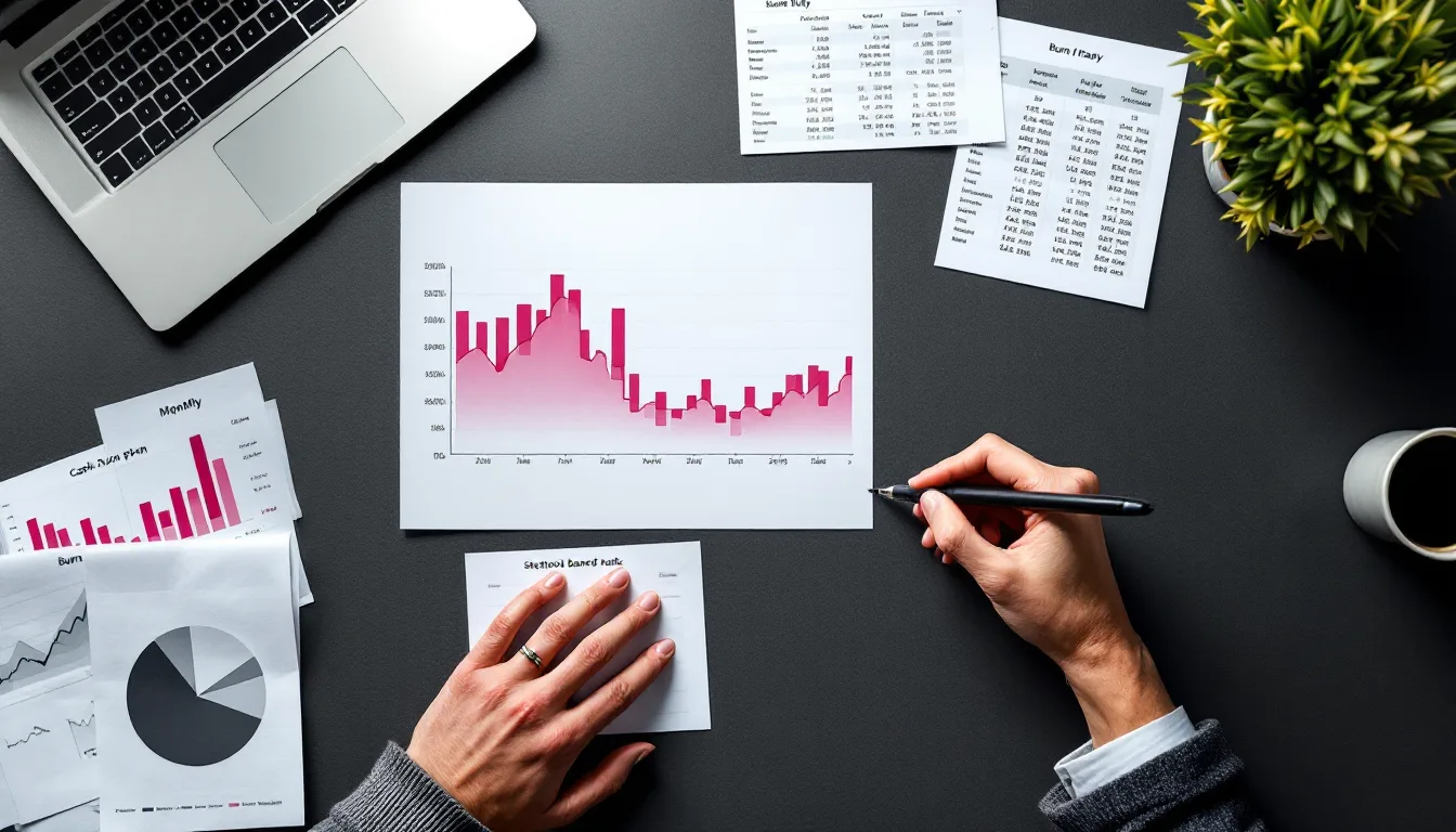 A printed startup board pack with variance tables, a magenta runway chart, and a laptop showing a financial model